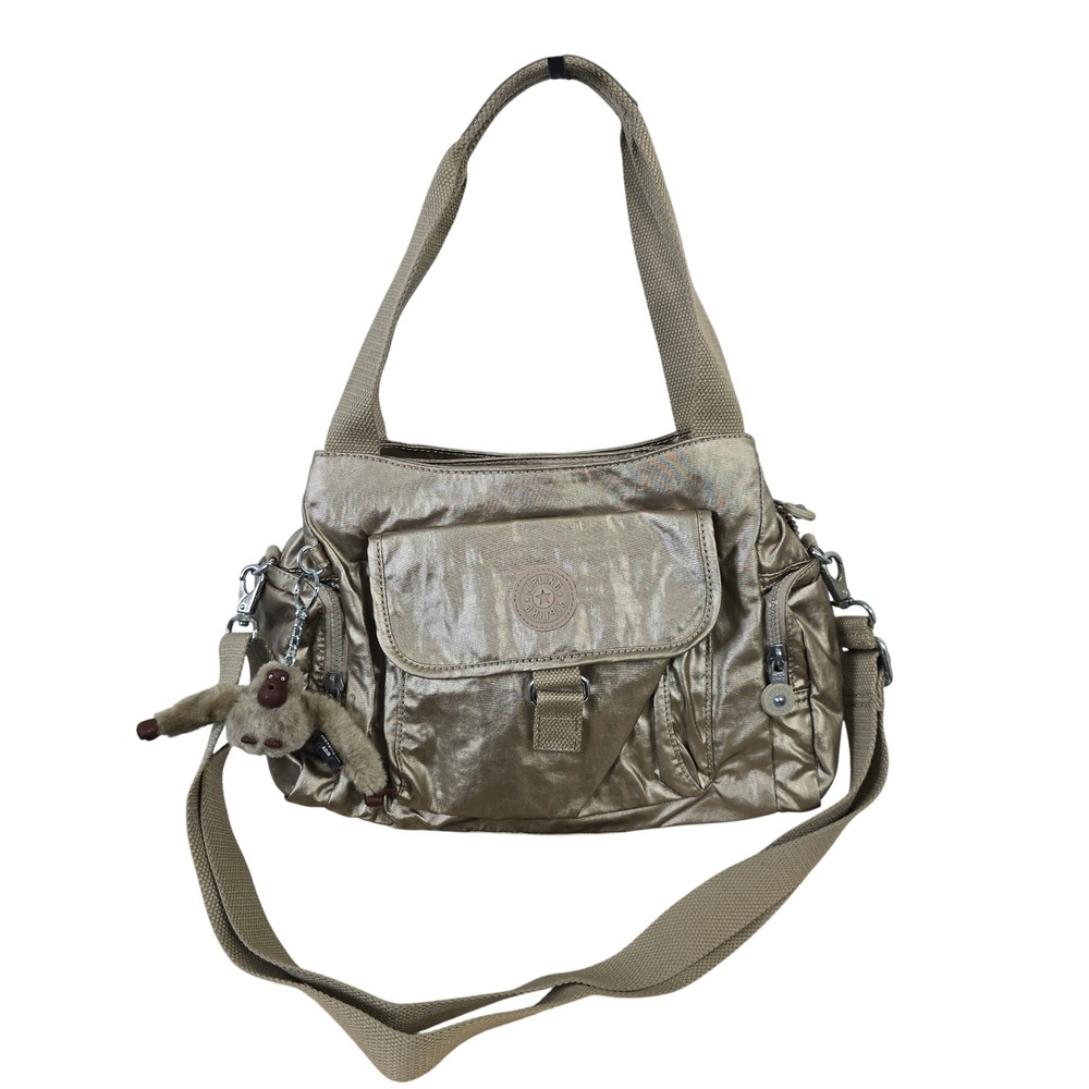 Kipling Metallic Gold Crinkled Nylon Multi-Pocket Shoulder Crossbody Bag Adir